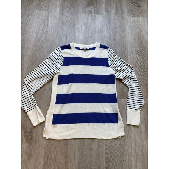 LOFT Women's Pullover Sweater, Blue Ivory Black Stripe, Size Small, NWOT - Picture 1 of 5